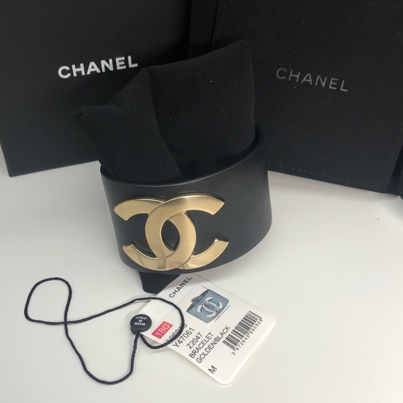 CHANEL Jewelry - 100% Authentic Chanel Leather  Wide CC Runway Logo Glide Lock Cuff Bracelet.